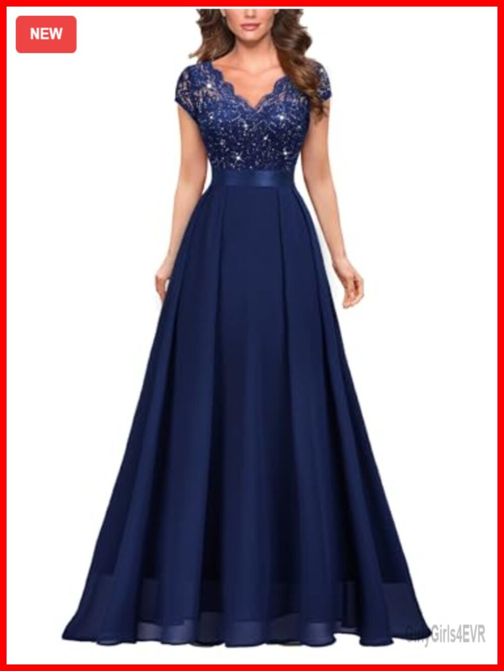 V-Neck Sequined Floral Lace Formal Evening Maxi Dress Cap Sleeve A-Line